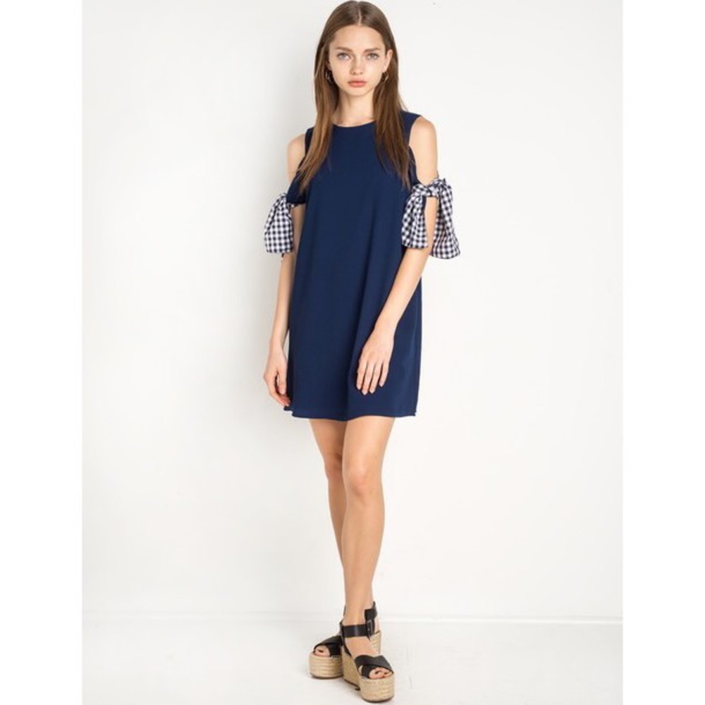 Pixie Market Navy Gingham Sleeve Tie Dress